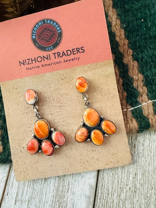 Old Pawn Handcrafted Sterling Silver and Orange Spiny Dangle Earrings