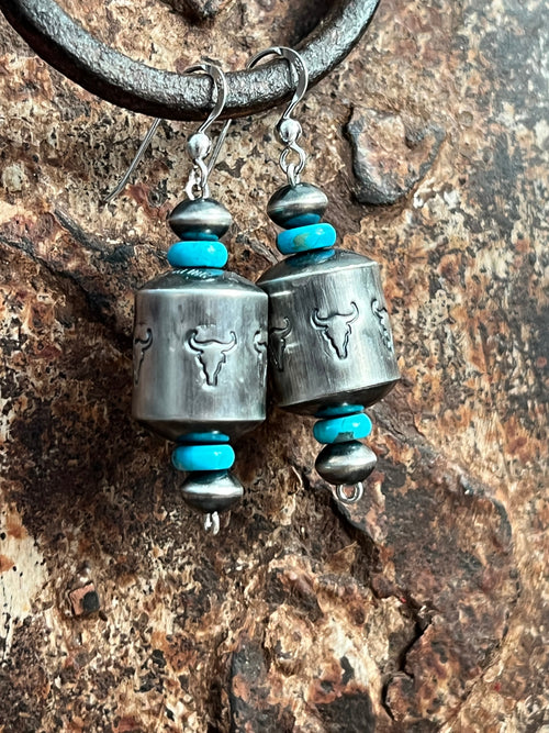 Sterling Silver and Turquoise Handcrafted Barrel Bead Earrings by Preston Haley
