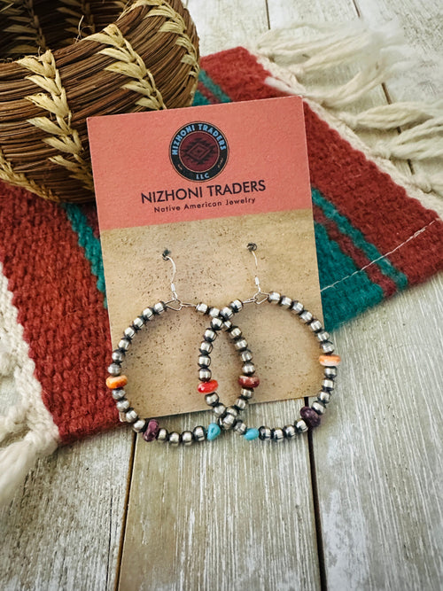 Handcrafted Spiny Oyster, Turquoise & Sterling Silver Beaded Dangle Hoop Earrings