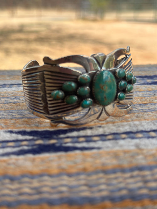 Handcrafted Old Pawn Rick Martinez Turquoise Cluster and Sterling Silver Cuff /