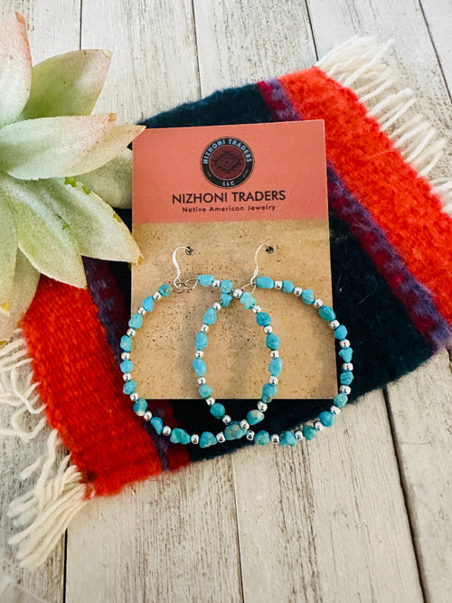 Handcrafted Turquoise & Sterling Silver Beaded Hoop Dangle Earrings