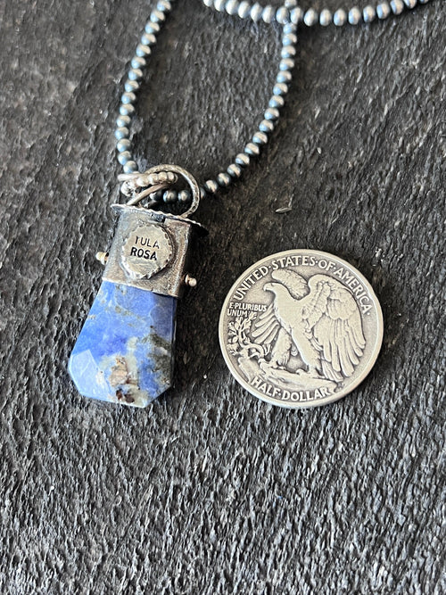 Sterling Silver Gem Collector 30” + 2” Beaded Necklace w/ Sodalite & Rosette Pendant