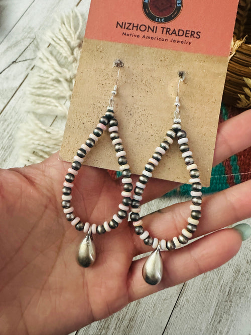 Handcrafted Queen Pink Conch & Sterling Silver Pearl Beaded Hoop Earrings