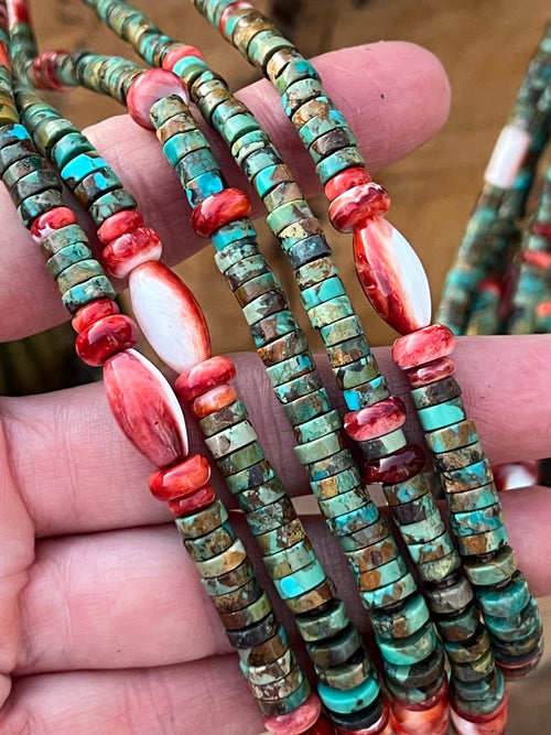 Stunning Santo Domingo Made Five Strand Hubei Turquoise and Spiny Oyster Shell Beaded Necklace with Squaw Wrap