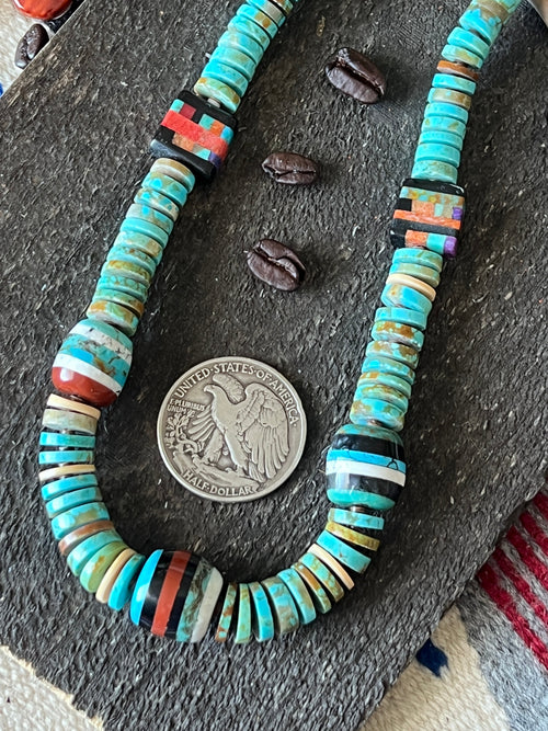 Ronald Chavez Handcrafted Turquoise Heishi Beaded Santo Domingo Necklace with Layered Bead Accents