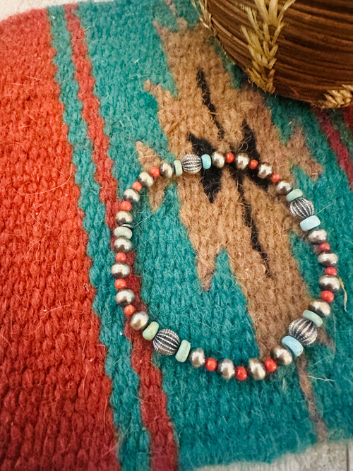 ** Christmas Collection ** Handmade Sterling Silver, Turquoise & Coral Beaded Bracelet