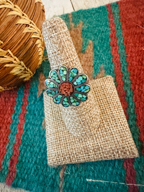 Old Pawn Navajo Sterling Silver, Turquoise & Coral Flower Ring Size 7.75