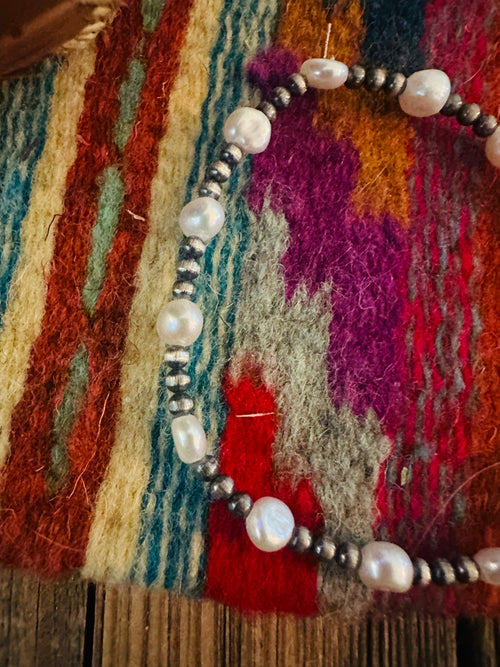 Handcrafted Freshwater Pearl & Sterling Silver Pearl Beaded Stretch Bracelet