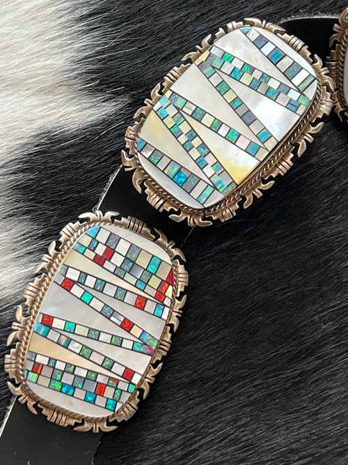 Tremendous Old Pawn Handcrafted Sterling Silver, Mother of Pearl and Opal Inlay Concho Belt by Albert Francisco