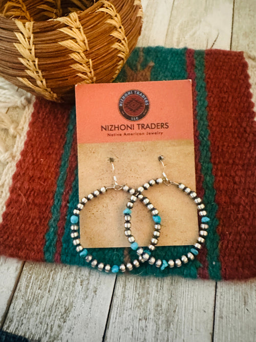 Handcrafted Turquoise & Sterling Silver Beaded Dangle Hoop Earrings