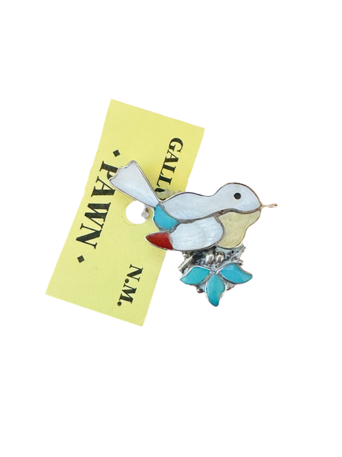 Vintage Old Pawn Multi Stone & Sterling Silver Inlay Bird Brooch/ Pendant