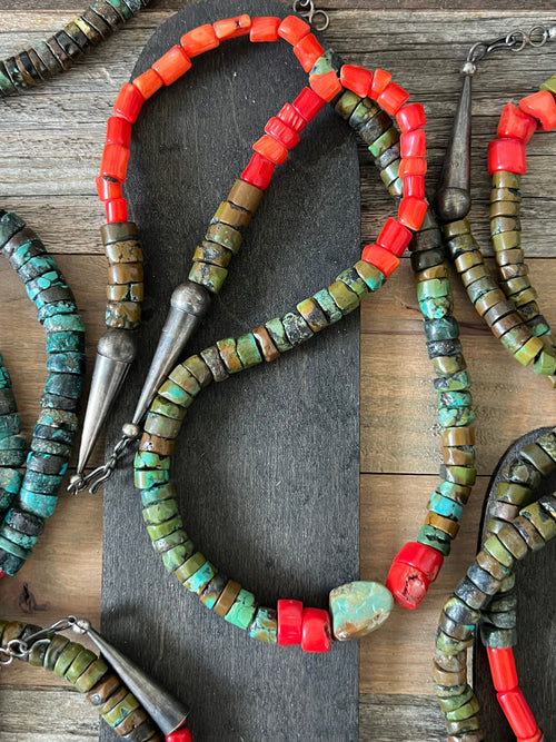 Navajo Hubei Turquoise Beaded Necklace with Sterling Silver and Bamboo Coral by Kirby Smith: 13 To Choose From!