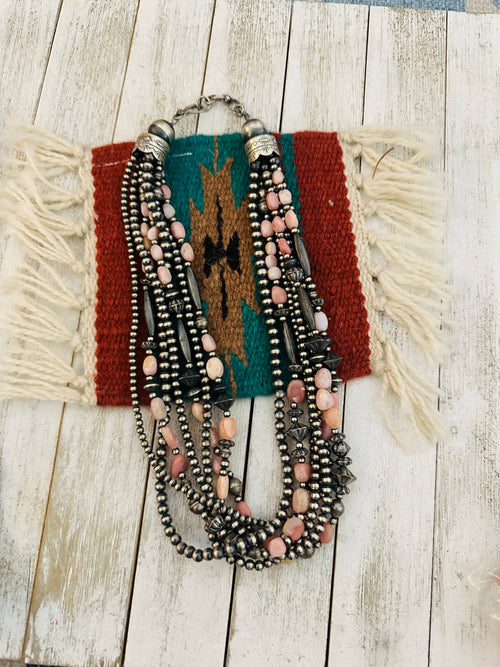 Navajo Sterling Silver Pearl & Rhodochrosite Beaded Seven Strand Necklace