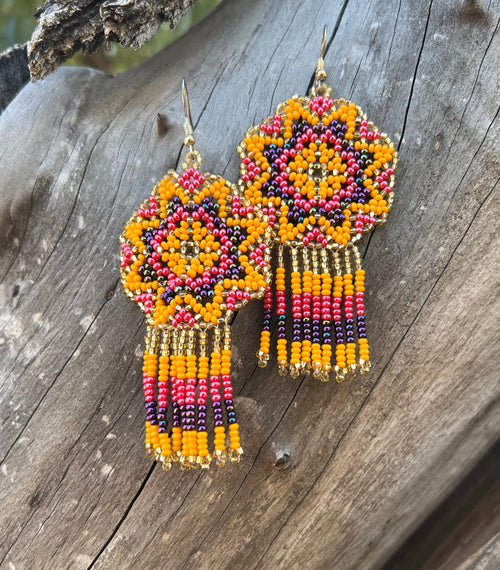Handmade MultiColor Beaded Dangle Earrings (Gold, Yellow, & Pink