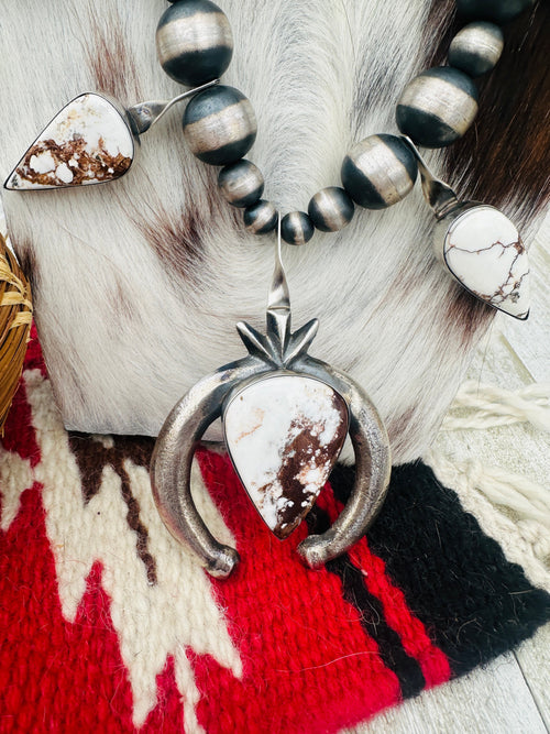 Handcrafted Wild Horse & Sterling Silver Beaded Squash Blossom Necklace by Chimney Butte