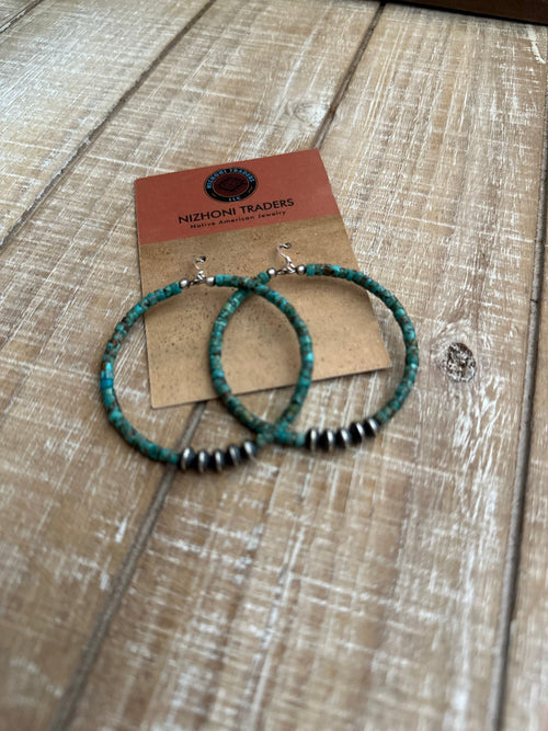 Handcrafted Sterling Silver and Royston Turquoise 2 inch Beaded Hoop Earrings