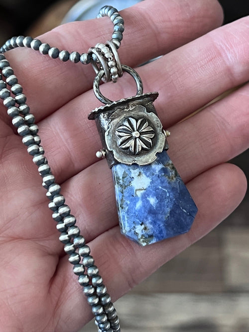 Sterling Silver Gem Collector 30” + 2” Beaded Necklace w/ Sodalite & Rosette Pendant