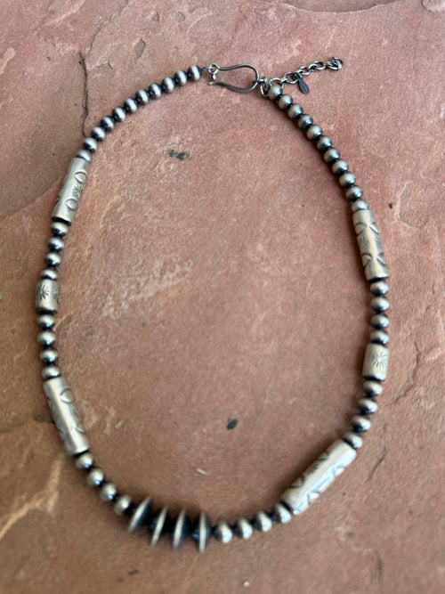 Handmade Hand Stamped Beaded Sterling Silver Necklace 16” With 2” Extender