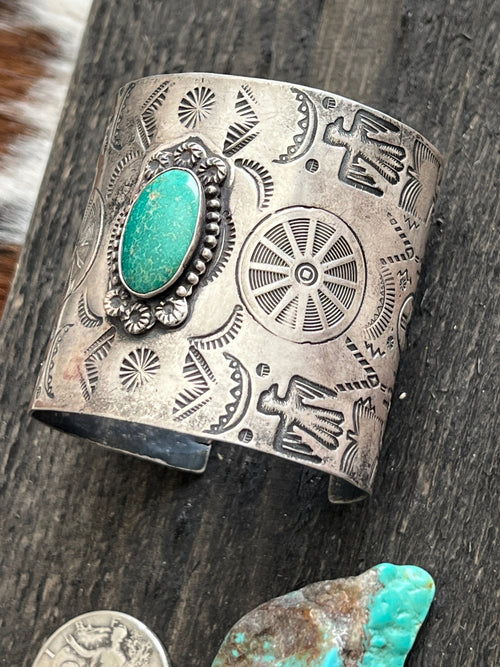 Handcrafted Vintage Fred Harvey Era Symbolic Collage TurquoiseSterling Silver Cuff Bracelet
