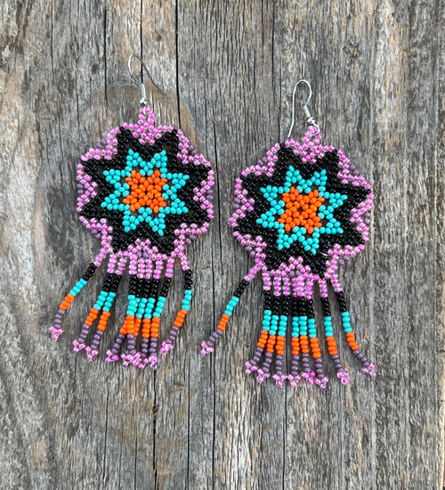 Handmade MultiColor Beaded Dangle Earrings (Purple, Turquoise, Orange)