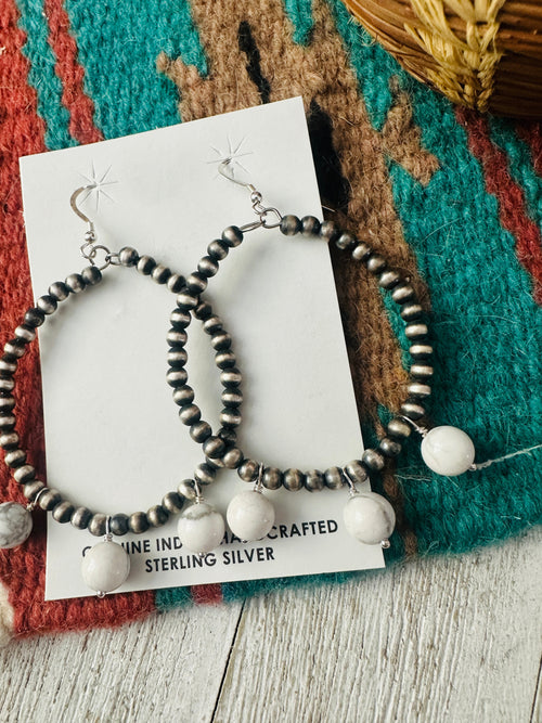 Navajo White Buffalo & Sterling Silver Pearl Beaded Hoop Earrings