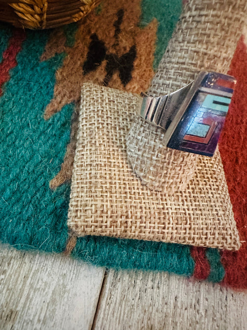 Old Pawn Handcrafted Multi Stone & Sterling Silver Inlay Ring Size 10