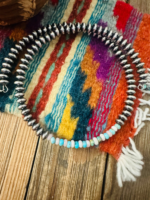 Handcrafted Turquoise, Queen Pink Conch & Sterling Silver Beaded Wrap Choker Necklace