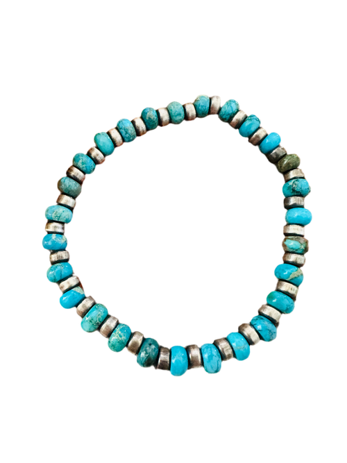 Navajo Turquoise & Sterling Silver Pearl Beaded Stretch Bracelet