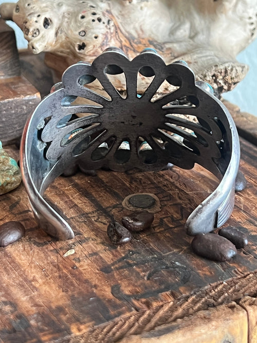 Vintage Cast Sterling Silver and Turquoise Flower Motif Cuff Bracelet