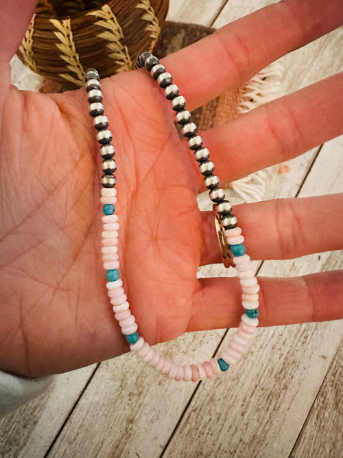 Navajo Sterling Silver Pearl, Queen Pink Conch & Turquoise Beaded Necklaces