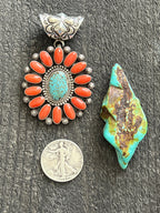 Navajo Sterling Silver, Mediterranean Coral and Spiderweb Turquoise Pendant by Tyler Brown