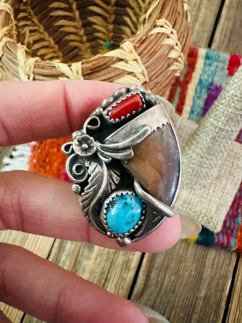 Old Pawn Handcrafted Turquoise, Coral & Sterling Silver Ring Size 11.5