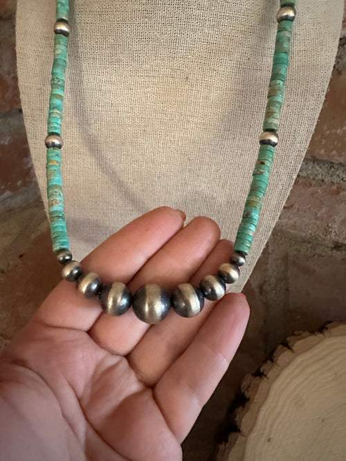 Handmade Sterling Silver & Turquoise Beaded Necklace 18-20”