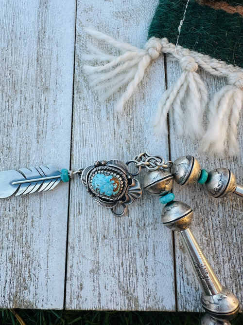 Handcrafted Turquoise & Sterling Silver Mercury Dime Beaded Squash Blossom Necklace and Earring Set by James McCabe