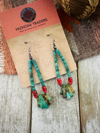 Navajo Turquoise, Coral & Sterling Silver Beaded Hoop Earrings