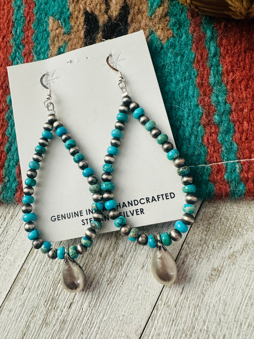 Handcrafted Turquoise & Sterling Silver Pearl Beaded Hoop Earrings