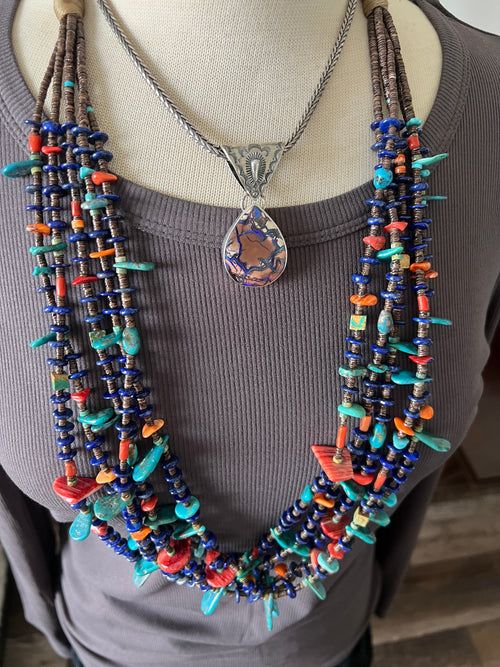 Gorgeous Santo Domingo Made Five Strand Lapis, Spiny Oyster and Turquoise Beaded Squaw Wrap Necklace with Tabs by Daniel Coriz