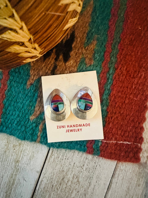 Handcrafted Old Pawn Sterling Silver & Multi Stone Clip On Earrings