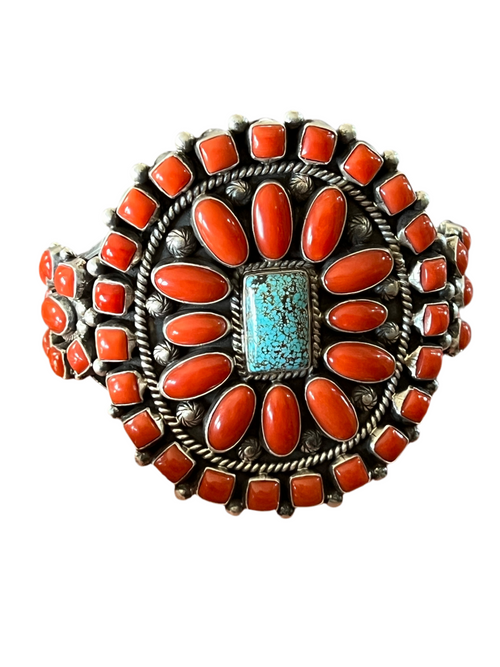 Navajo Sterling Silver, Mediterranean Coral and Spiderweb Kingman Turquoise Cuff Bracelet by Tyler Brown