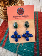 Old Pawn Navajo Sterling Silver, Lapis & Malachite Dangle Earrings