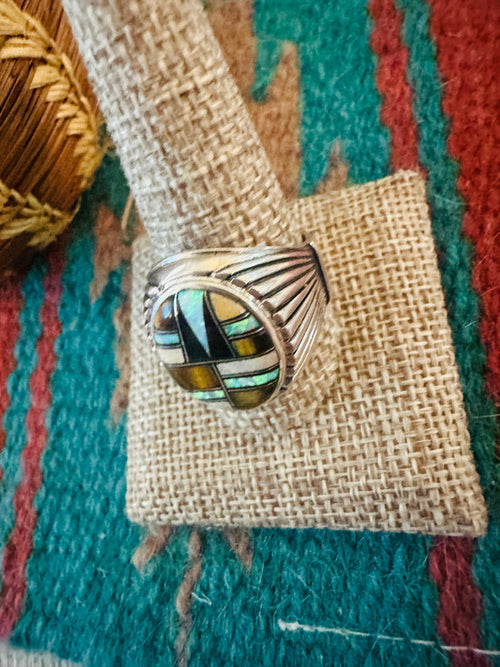 Old Pawn Navajo Sterling Silver & Multi Stone Inlay Ring Size 11.5