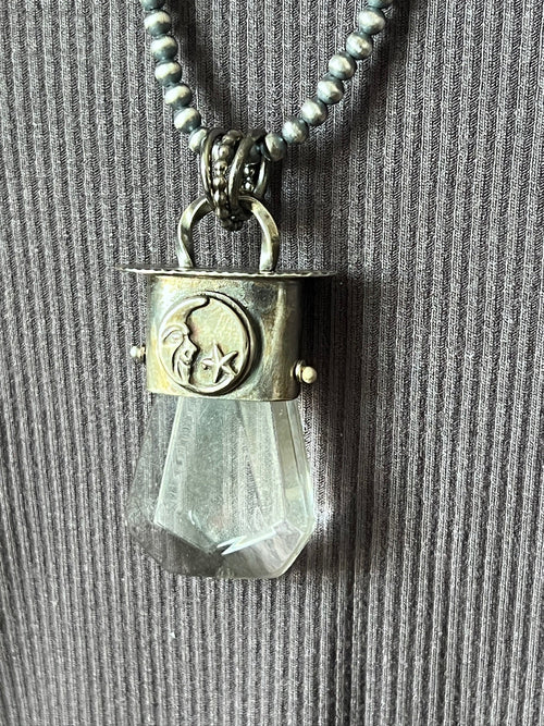 Sterling Silver Gem Collector 30” + 2” Beaded Necklace w/ Tularosa Quartz & Moon Pendant 1