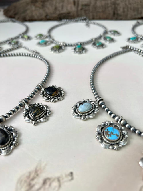 Handmade Sterling Silver Beaded Multi Stone Necklace "Signed Nizhoni"