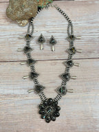 Handmade Sterling Silver Blackjack Turquoise Beaded Necklace Earrings Set with Signed Nizhoni