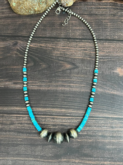 Handmade Sterling Silver Kingman Turquoise Beaded Necklace with Signed Nizhoni