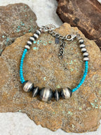 Handmade Sterling Silver Beaded Kingman Turquoise Bracelet with Signed Nizhoni