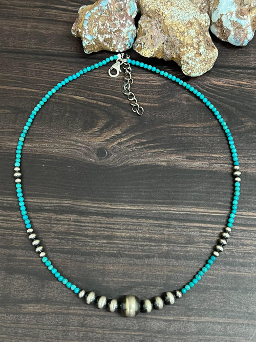 Handmade Sterling Silver Kingman Turquoise Beaded Necklace with Signed Nizhoni