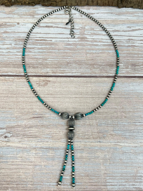 Handmade Sterling Silver Kingman Turquoise Beaded Necklace with Signed Nizhoni