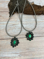 Handmade Sterling Silver Emerald Rose Beaded Necklace with Signed Nizhoni