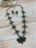 Handmade Sterling Silver Blackjack Turquoise Beaded Necklace Earrings Set with Signed Nizhoni